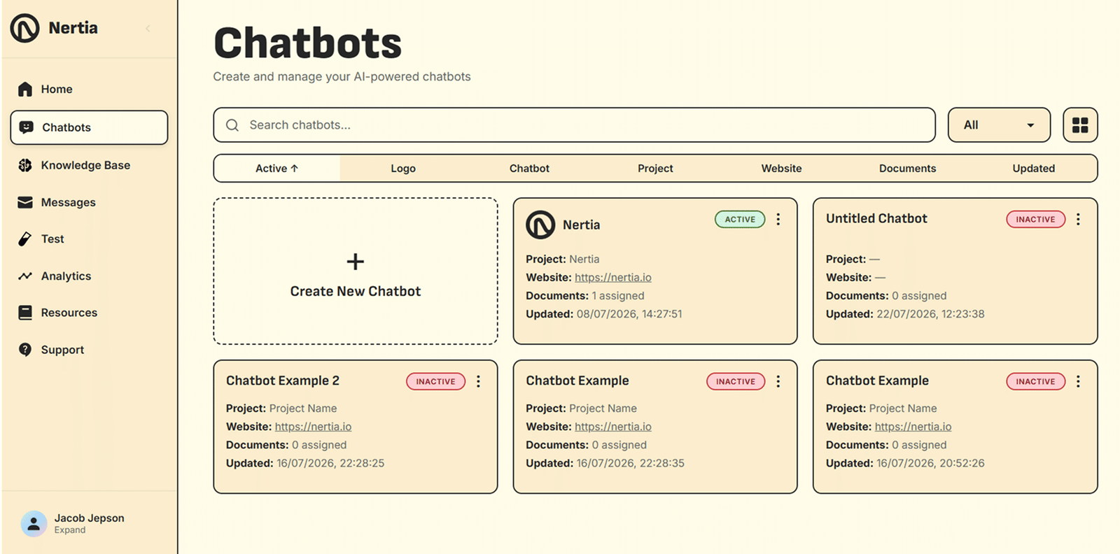 Chat Nertia chatbot platform interface